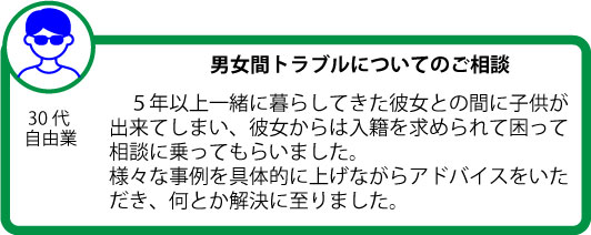 松本操法律事務所｜男女間トラブル｜ご相談者様の声｜中央区　銀座
